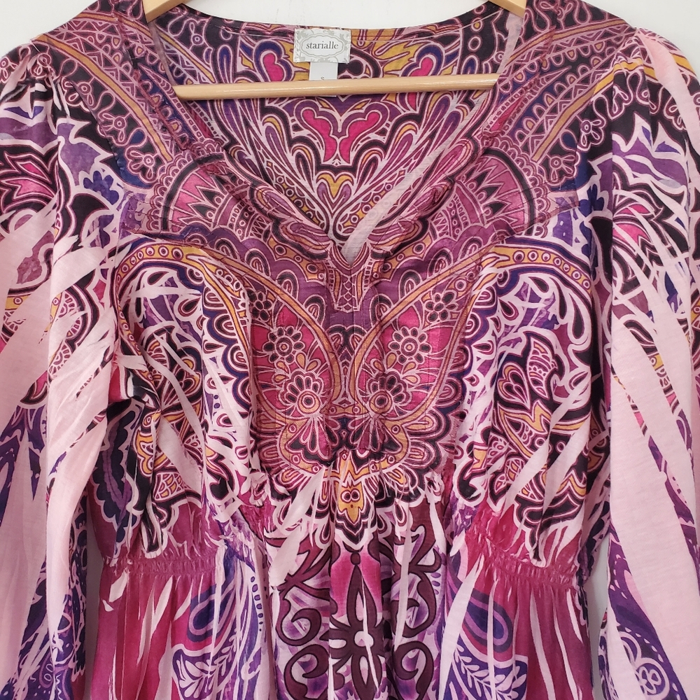 STARIALLE Sz S 3/4 Bell Sleeve Tunic Top Pink Purple V Neck Fairy Boho Hippie - Picture 4 of 14